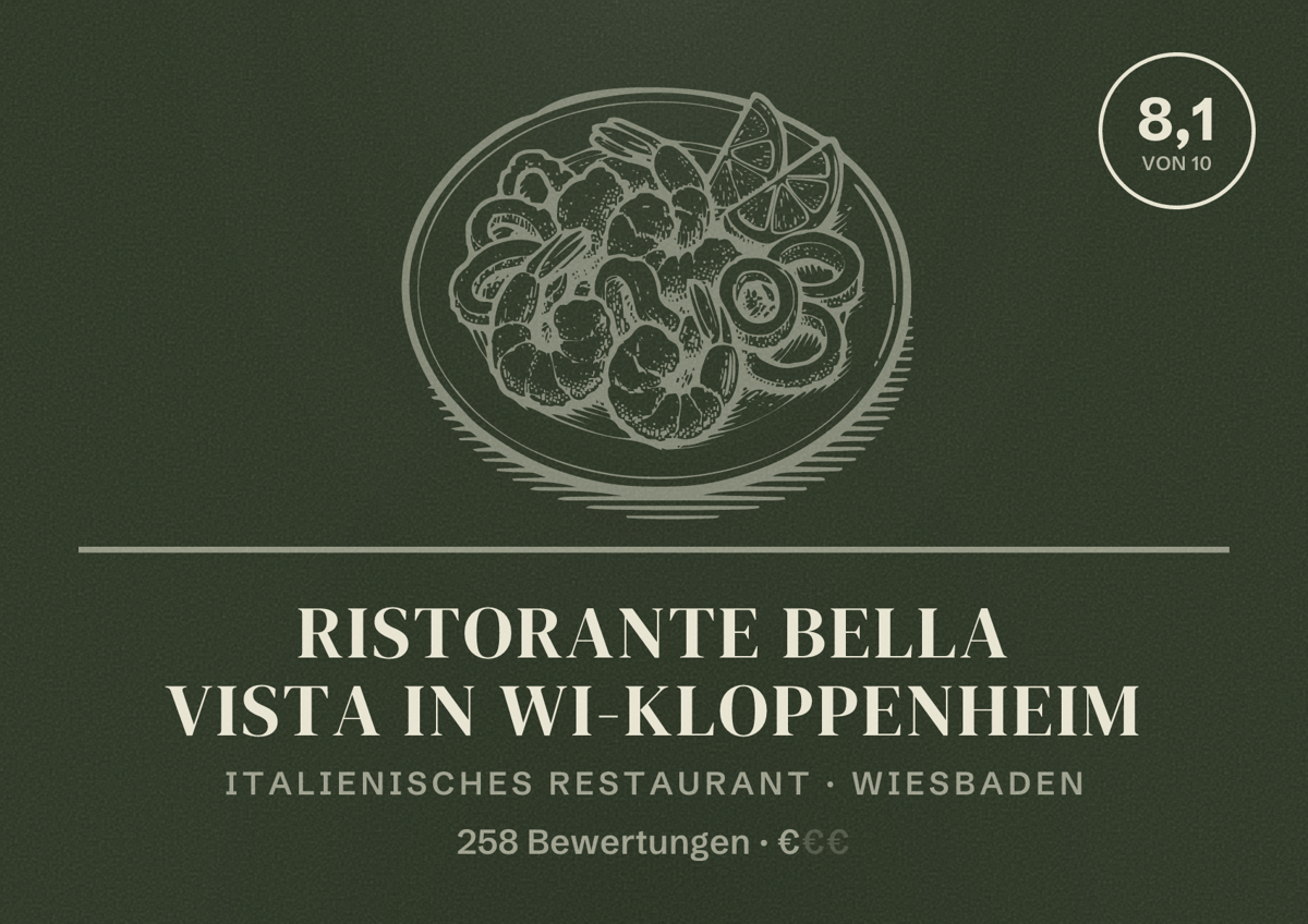Illustriertes Poster von RISTORANTE BELLA VISTA IN WI-KLOPPENHEIM, Italienisches Restaurant in Wiesbaden: Bewertung 8,1 von 10 aus 258 Bewertungen, Preisniveau €