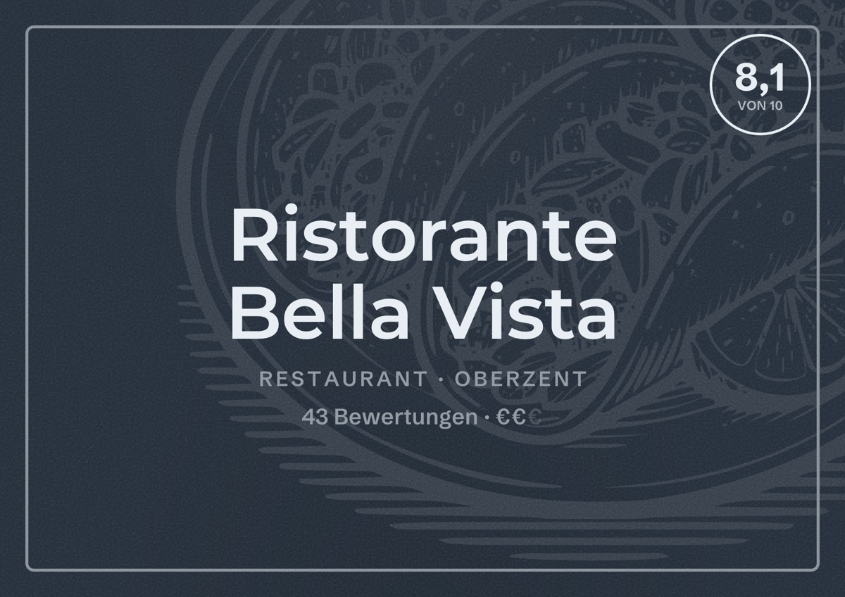 Illustriertes Poster von Ristorante Bella Vista, Restaurant in Oberzent: Bewertung 8,1 von 10 aus 43 Bewertungen, Preisniveau €€