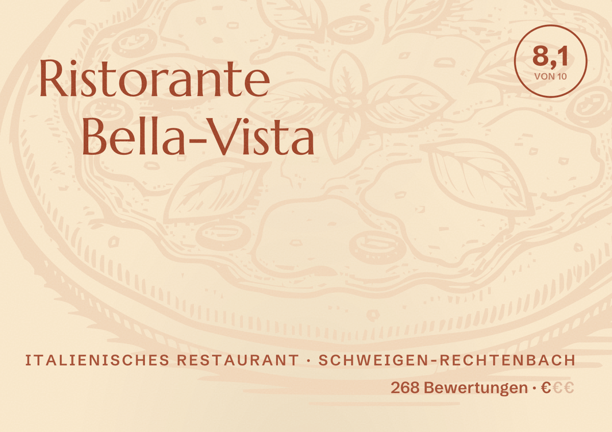 Illustriertes Poster von Ristorante Bella-Vista, Italienisches Restaurant in Schweigen-Rechtenbach: Bewertung 8,1 von 10 aus 268 Bewertungen, Preisniveau €