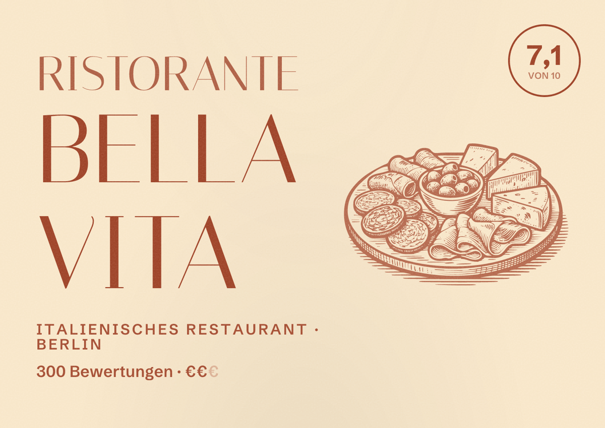 Illustriertes Poster von Ristorante Bella Vita, Italienisches Restaurant in Berlin: Bewertung 7,1 von 10 aus 300 Bewertungen, Preisniveau €€
