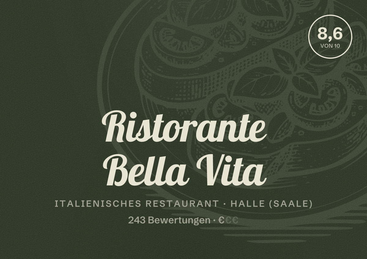 Illustriertes Poster von Ristorante Bella Vita, Italienisches Restaurant in Halle (Saale): Bewertung 8,6 von 10 aus 243 Bewertungen, Preisniveau €
