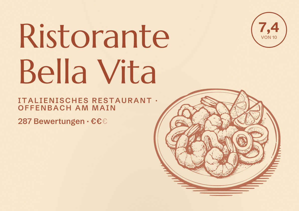 Illustriertes Poster von Ristorante Bella Vita, Italienisches Restaurant in Offenbach am Main: Bewertung 7,4 von 10 aus 287 Bewertungen, Preisniveau €€