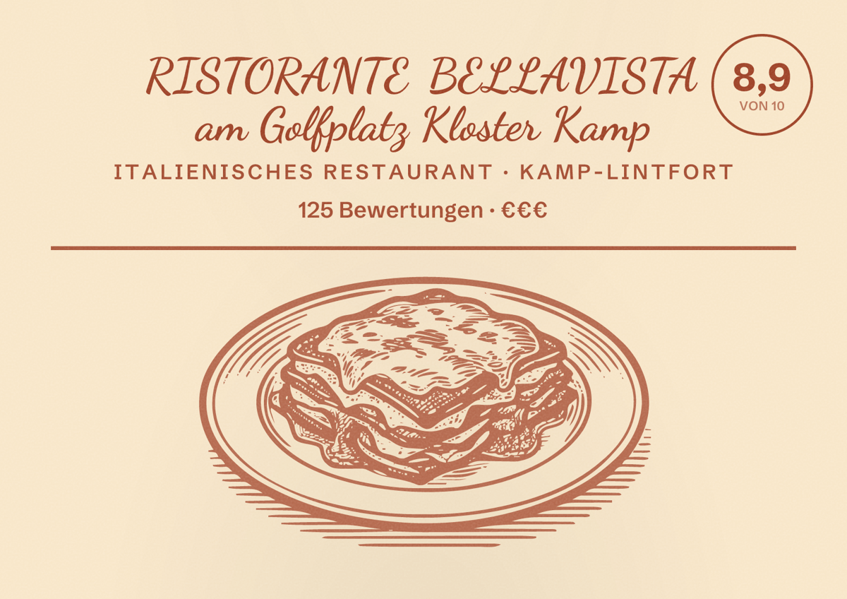 Illustriertes Poster von RISTORANTE BELLAVISTA am Golfplatz Kloster Kamp, Italienisches Restaurant in Kamp-Lintfort: Bewertung 8,9 von 10 aus 125 Bewertungen, Preisniveau €€€