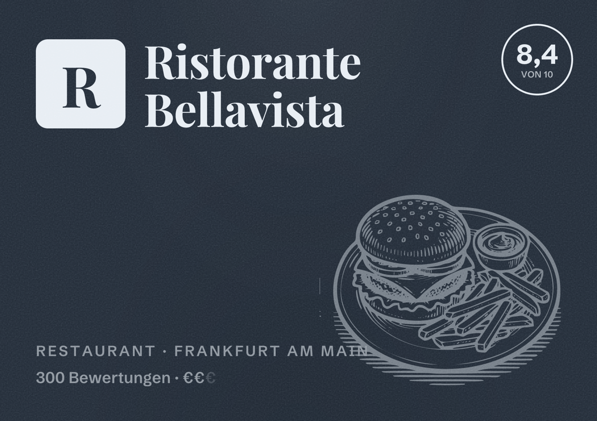 Illustriertes Poster von Ristorante Bellavista, Restaurant in Frankfurt am Main: Bewertung 8,4 von 10 aus 300 Bewertungen, Preisniveau €€