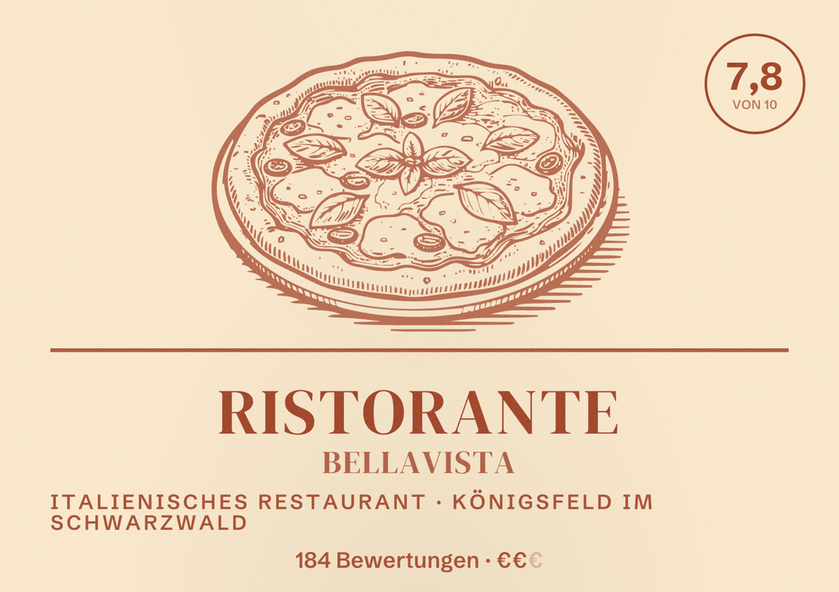 Illustriertes Poster von Ristorante Bellavista, Italienisches Restaurant in Königsfeld im Schwarzwald: Bewertung 7,8 von 10 aus 184 Bewertungen, Preisniveau €€