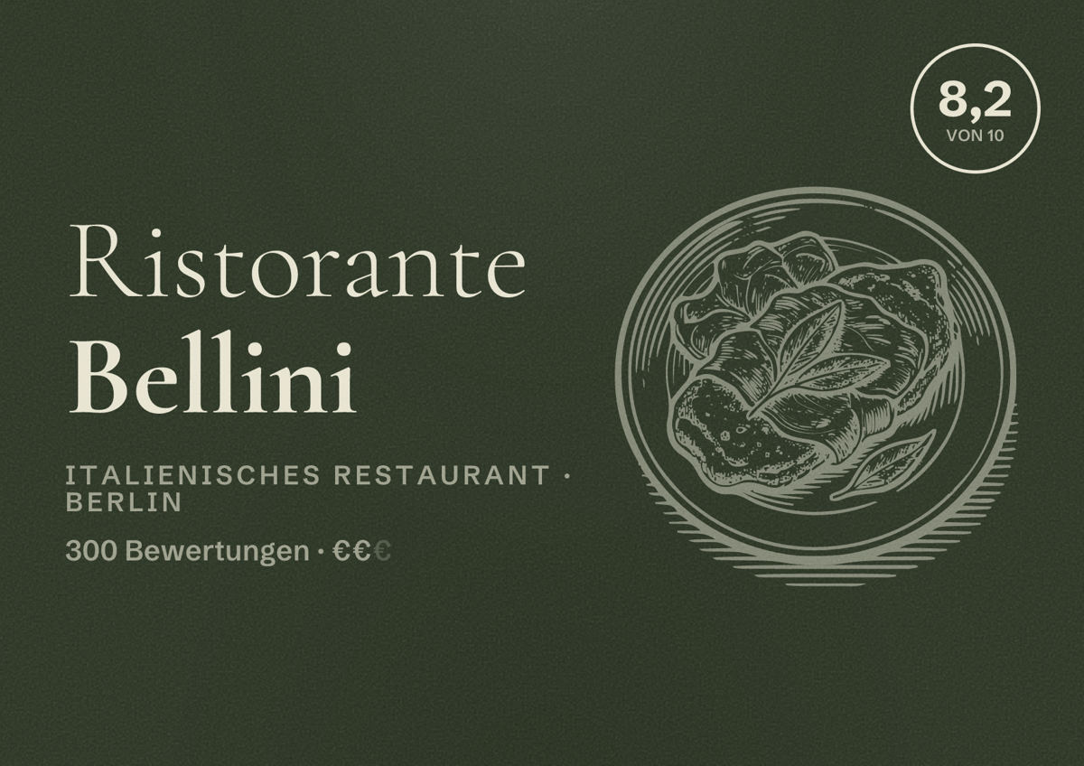 Illustriertes Poster von Ristorante Bellini, Italienisches Restaurant in Berlin: Bewertung 8,2 von 10 aus 300 Bewertungen, Preisniveau €€