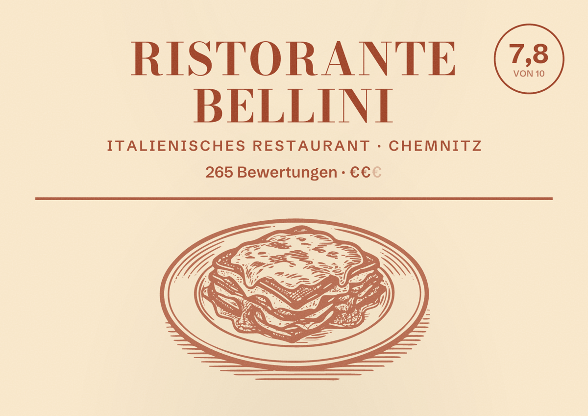 Illustriertes Poster von Ristorante Bellini, Italienisches Restaurant in Chemnitz: Bewertung 7,8 von 10 aus 265 Bewertungen, Preisniveau €€