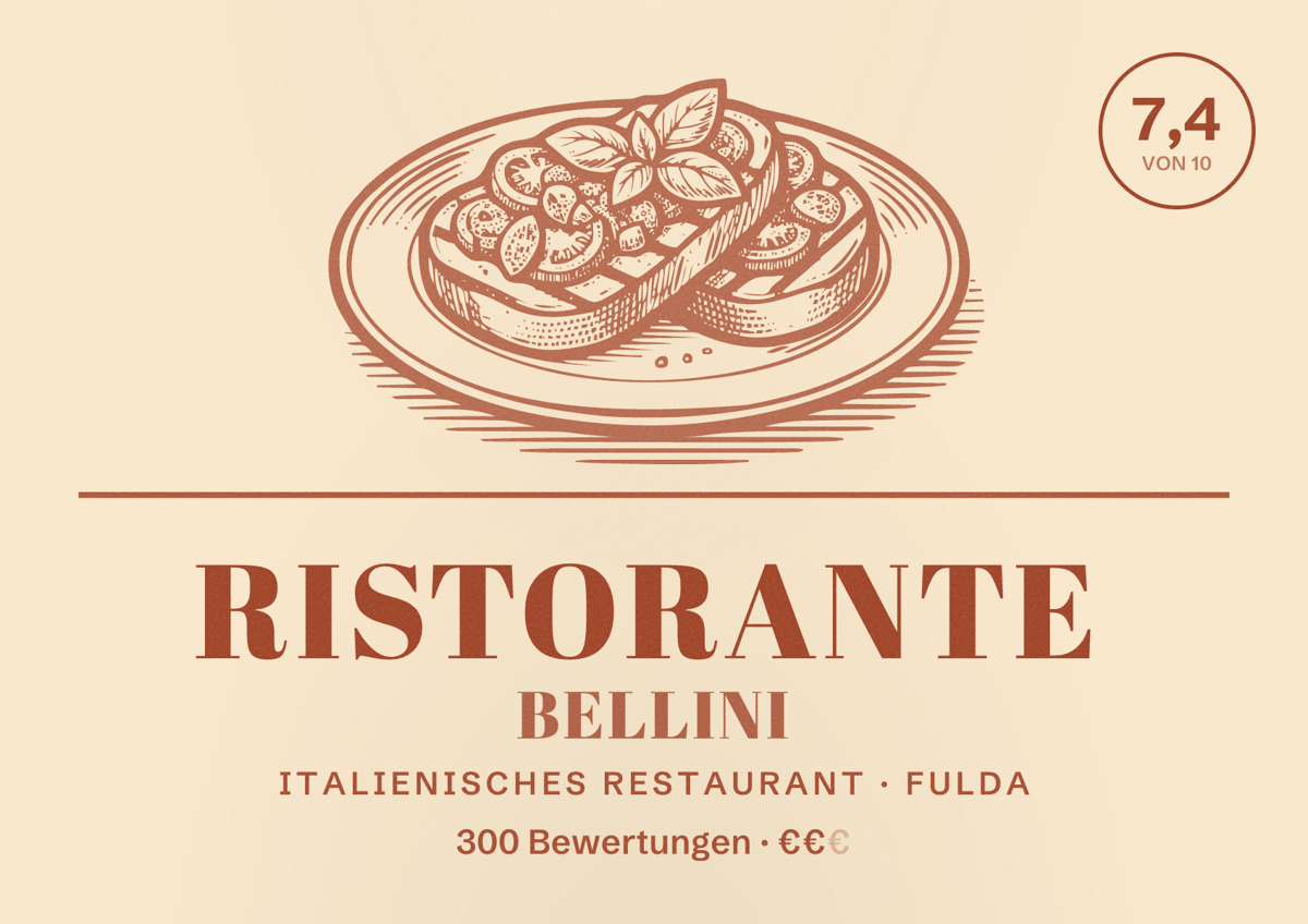 Illustriertes Poster von Ristorante Bellini, Italienisches Restaurant in Fulda: Bewertung 7,4 von 10 aus 300 Bewertungen, Preisniveau €€