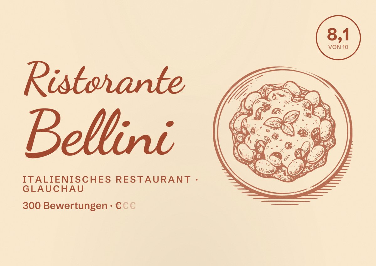 Illustriertes Poster von Ristorante Bellini, Italienisches Restaurant in Glauchau: Bewertung 8,1 von 10 aus 300 Bewertungen, Preisniveau €