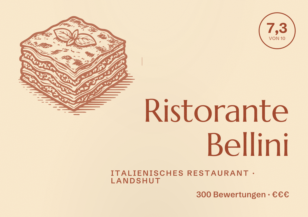 Illustriertes Poster von Ristorante Bellini, Italienisches Restaurant in Landshut: Bewertung 7,3 von 10 aus 300 Bewertungen, Preisniveau €€€