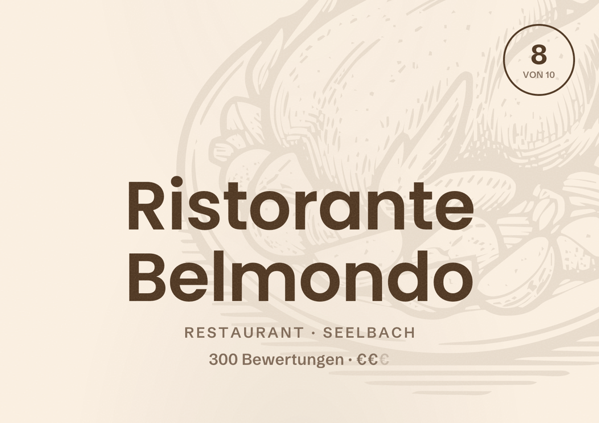 Illustriertes Poster von Ristorante Belmondo, Restaurant in Seelbach: Bewertung 8 von 10 aus 300 Bewertungen, Preisniveau €€