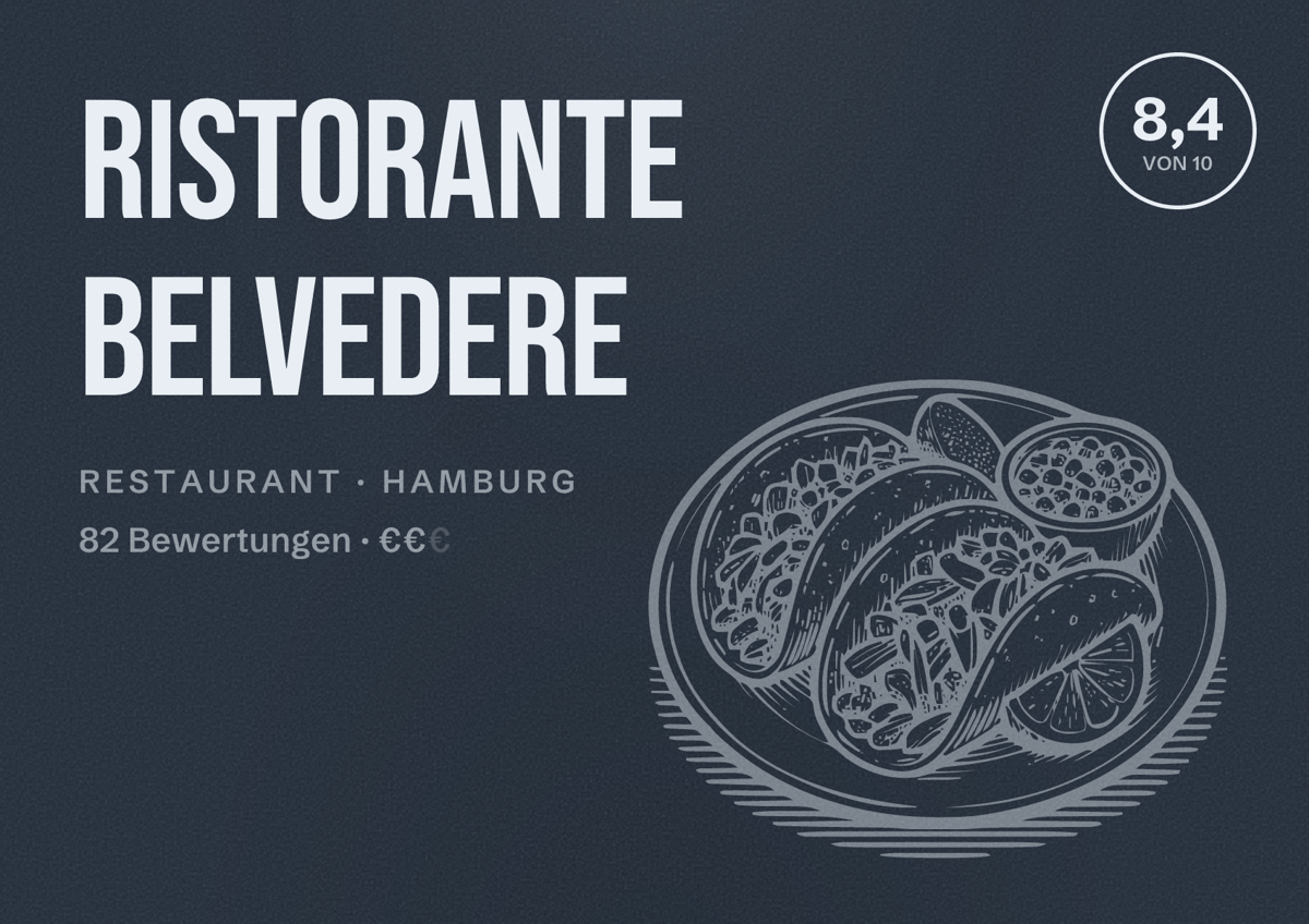 Illustriertes Poster von Ristorante Belvedere, Restaurant in Hamburg: Bewertung 8,4 von 10 aus 82 Bewertungen, Preisniveau €€