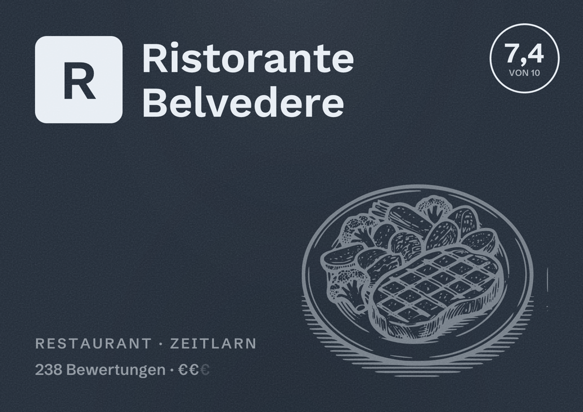 Illustriertes Poster von Ristorante Belvedere, Restaurant in Zeitlarn: Bewertung 7,4 von 10 aus 238 Bewertungen, Preisniveau €€