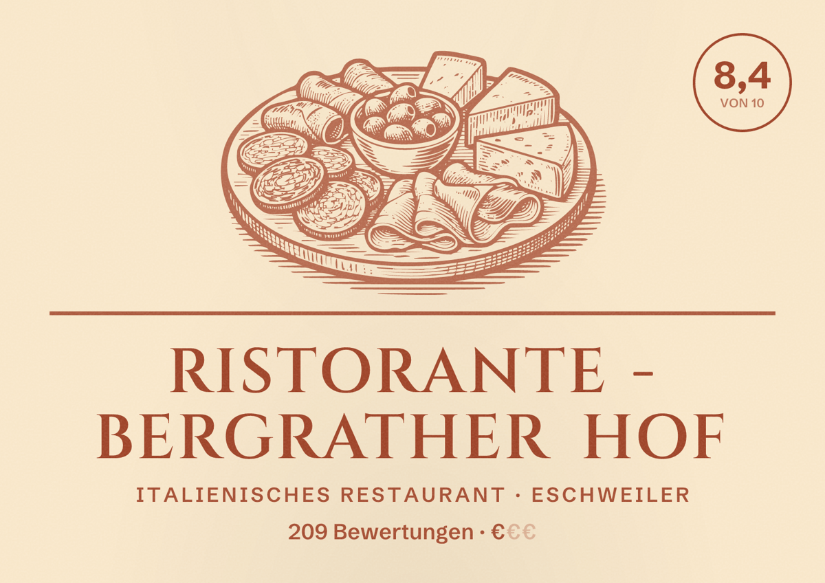 Illustriertes Poster von Ristorante - Bergrather HOF, Italienisches Restaurant in Eschweiler: Bewertung 8,4 von 10 aus 209 Bewertungen, Preisniveau €