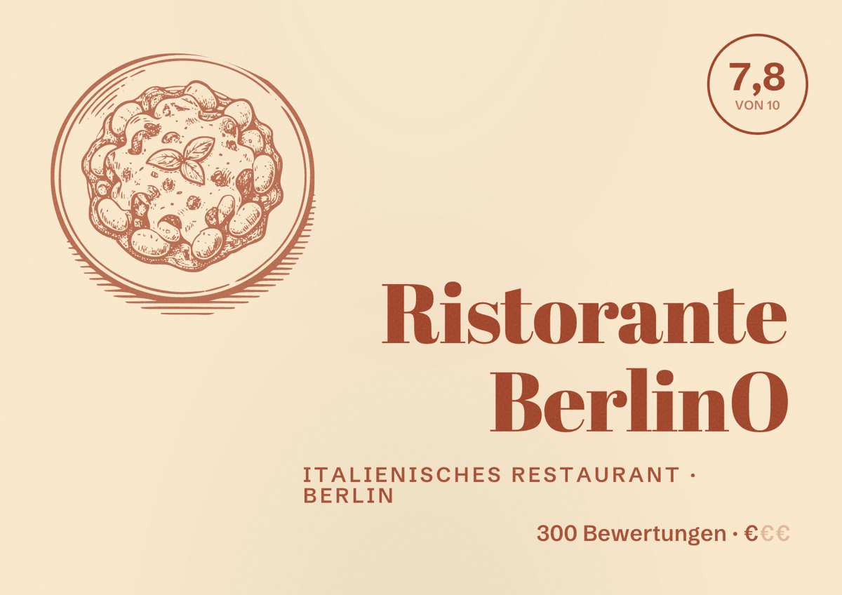 Illustriertes Poster von Ristorante BerlinO, Italienisches Restaurant in Berlin: Bewertung 7,8 von 10 aus 300 Bewertungen, Preisniveau €