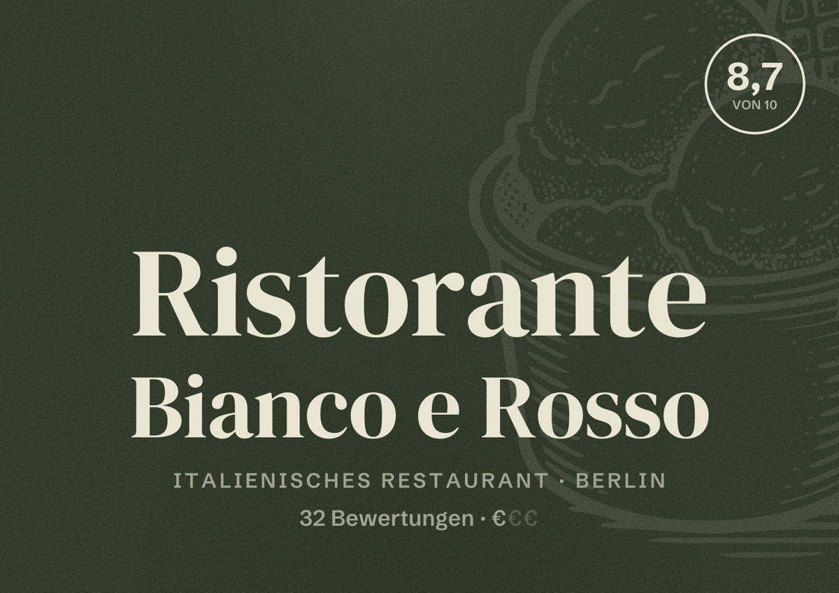 Illustriertes Poster von Ristorante Bianco e Rosso, Italienisches Restaurant in Berlin: Bewertung 8,7 von 10 aus 32 Bewertungen, Preisniveau €