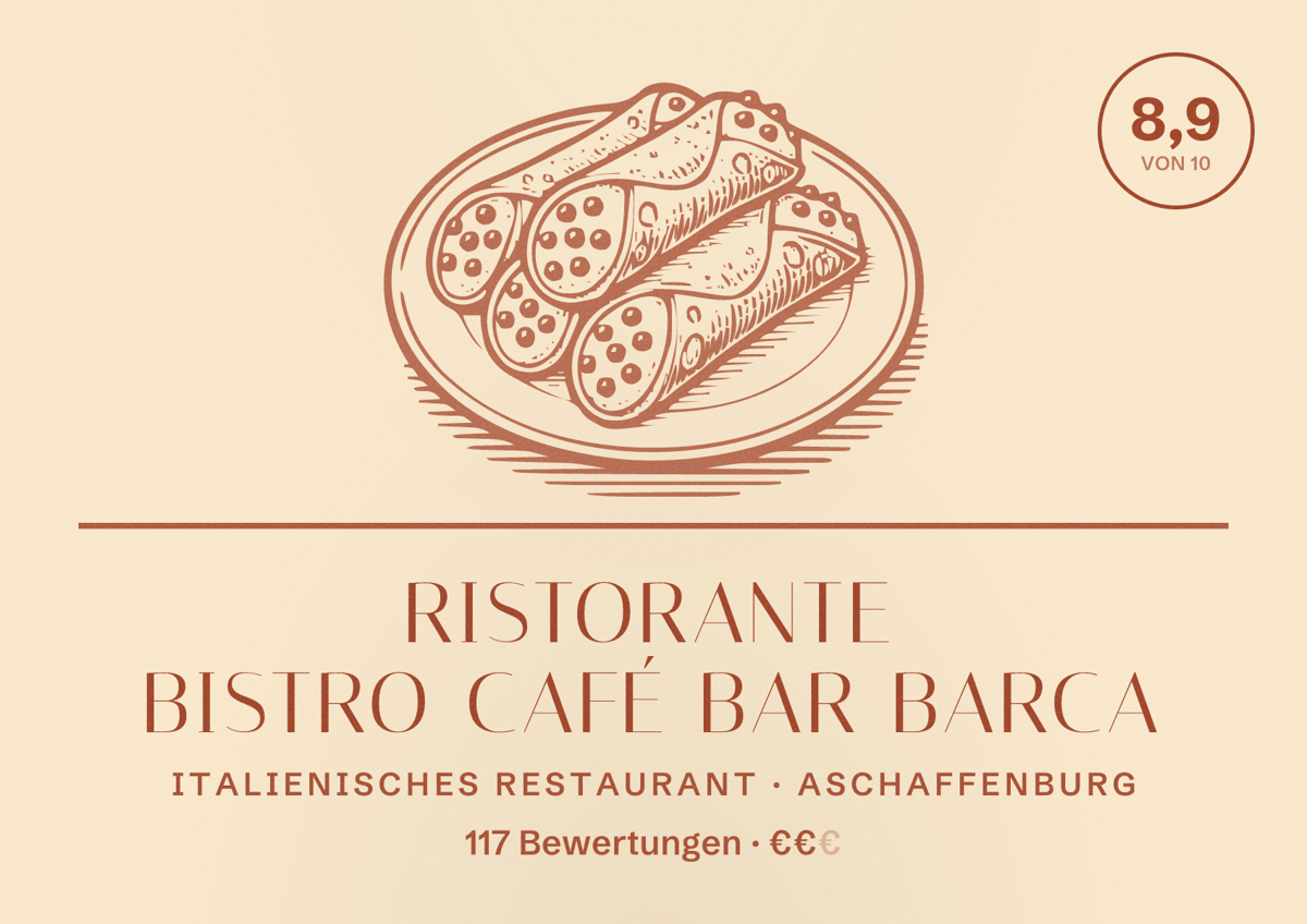 Illustriertes Poster von Ristorante Bistro Café Bar Barca, Italienisches Restaurant in Aschaffenburg: Bewertung 8,9 von 10 aus 117 Bewertungen, Preisniveau €€
