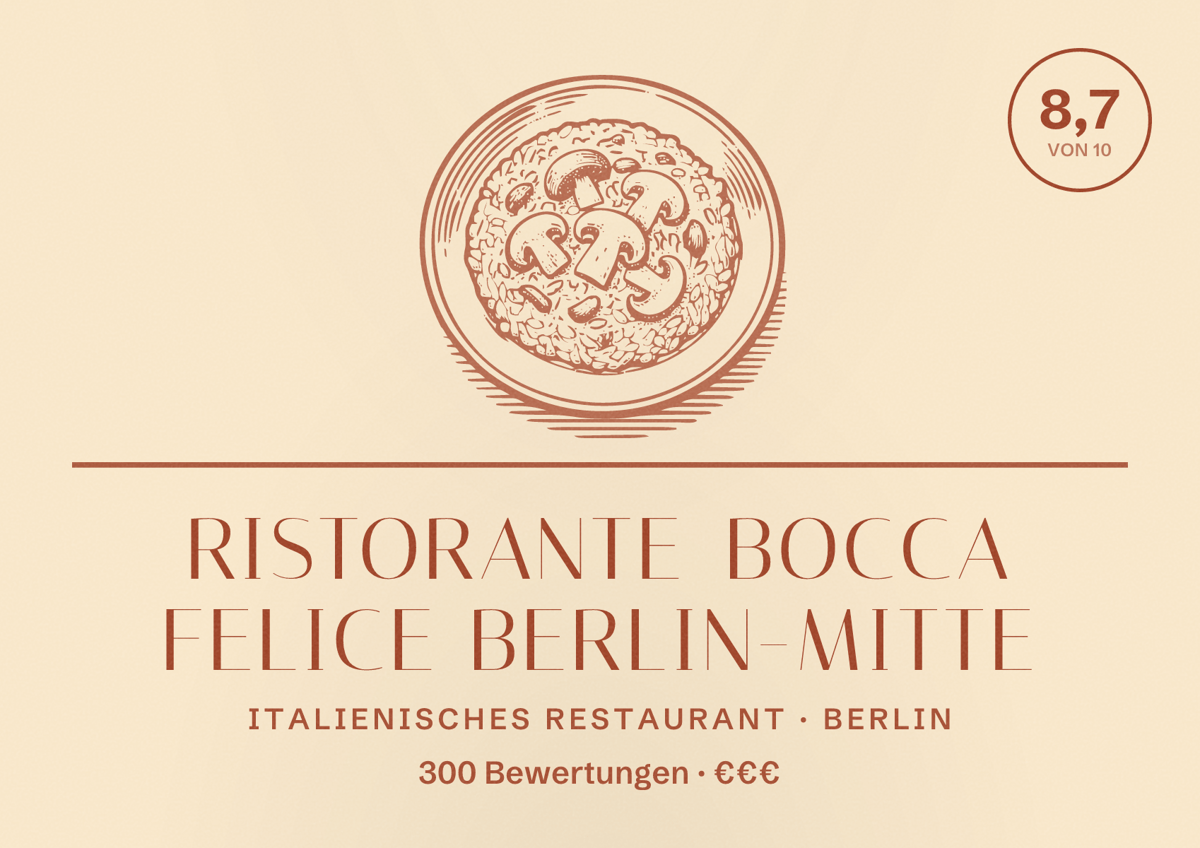 Illustriertes Poster von Ristorante Bocca Felice Berlin-Mitte, Italienisches Restaurant in Berlin: Bewertung 8,7 von 10 aus 300 Bewertungen, Preisniveau €€€
