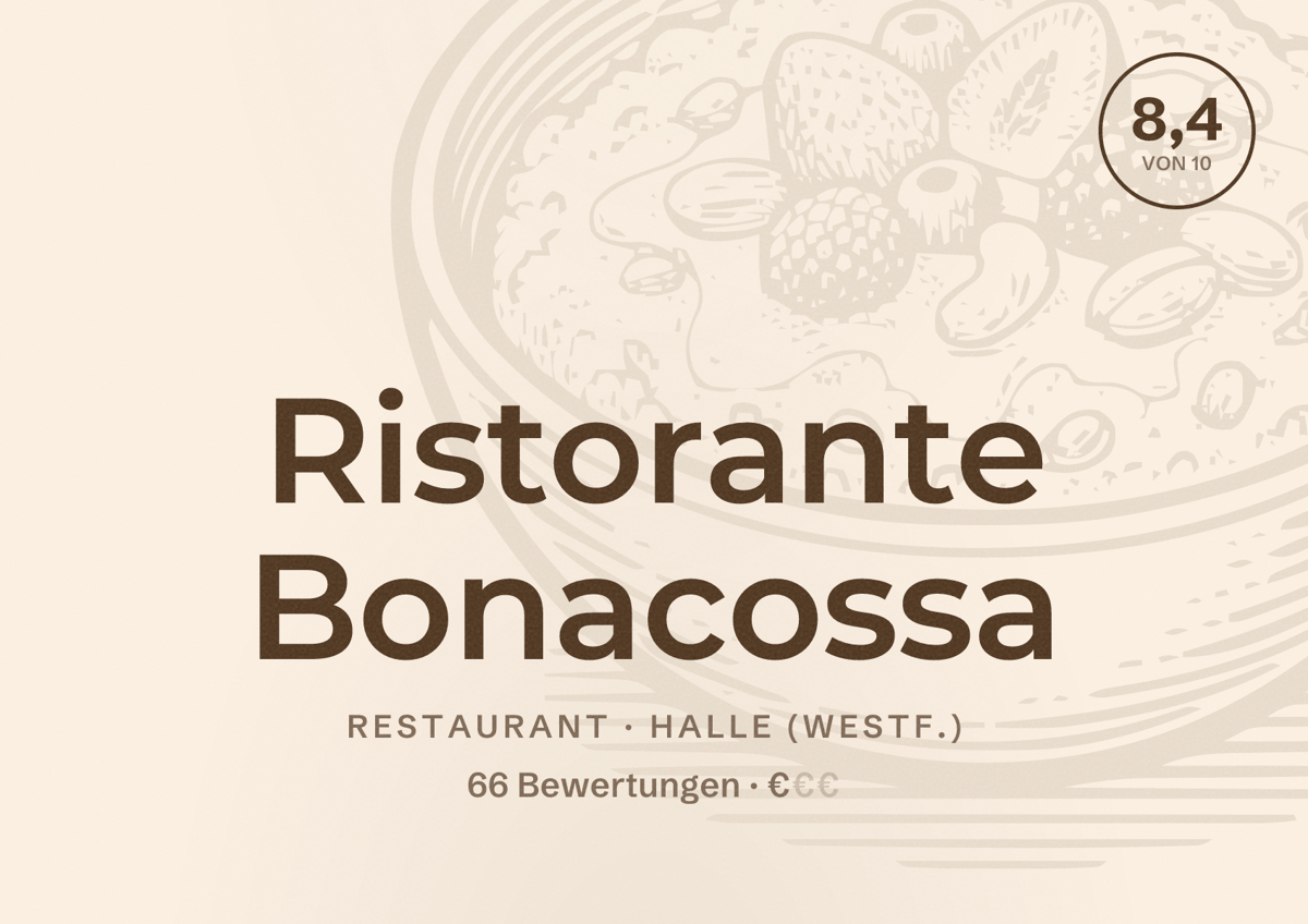 Illustriertes Poster von Ristorante Bonacossa, Restaurant in Halle (Westf.): Bewertung 8,4 von 10 aus 66 Bewertungen, Preisniveau €
