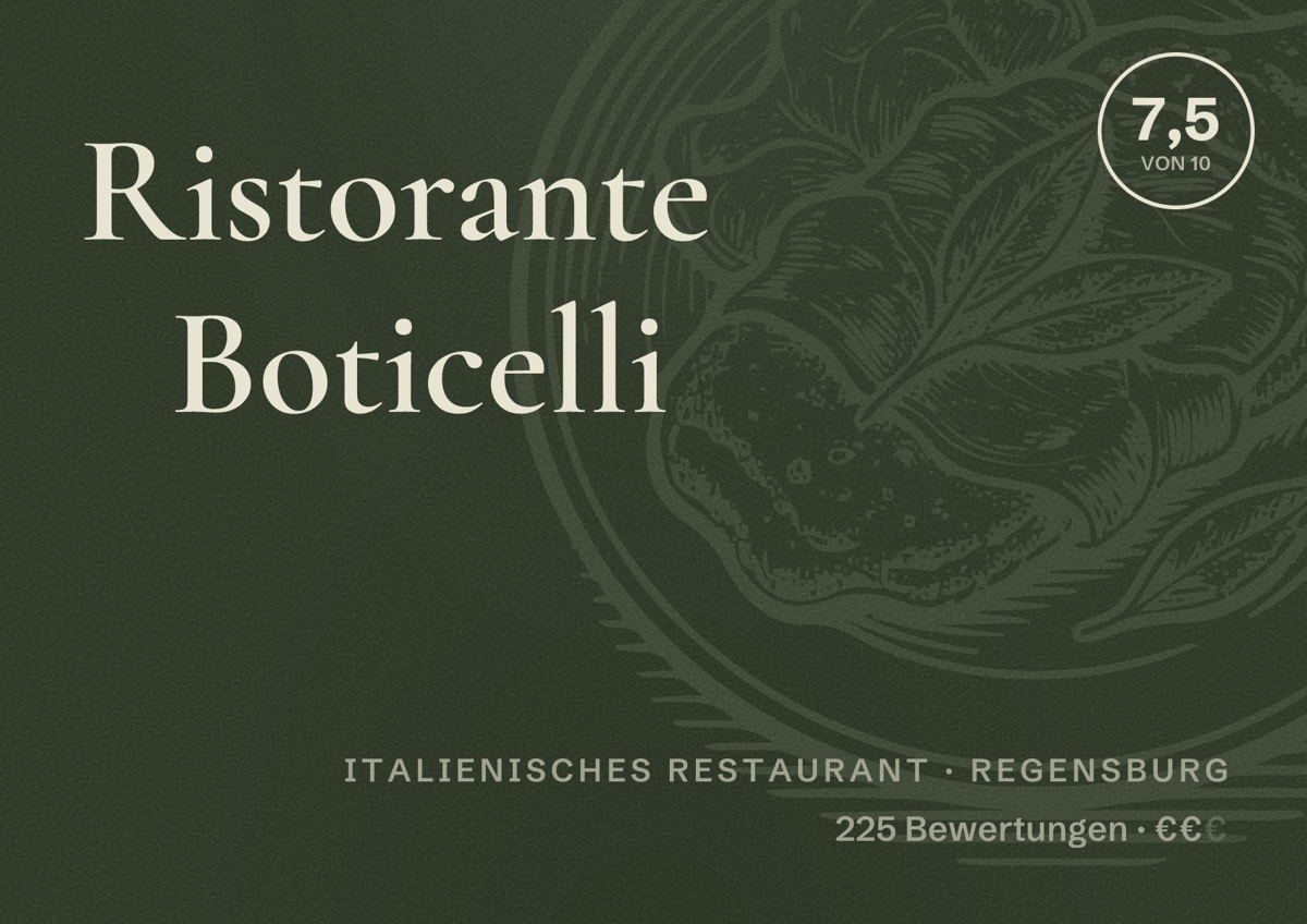Illustriertes Poster von Ristorante Boticelli, Italienisches Restaurant in Regensburg: Bewertung 7,5 von 10 aus 225 Bewertungen, Preisniveau €€