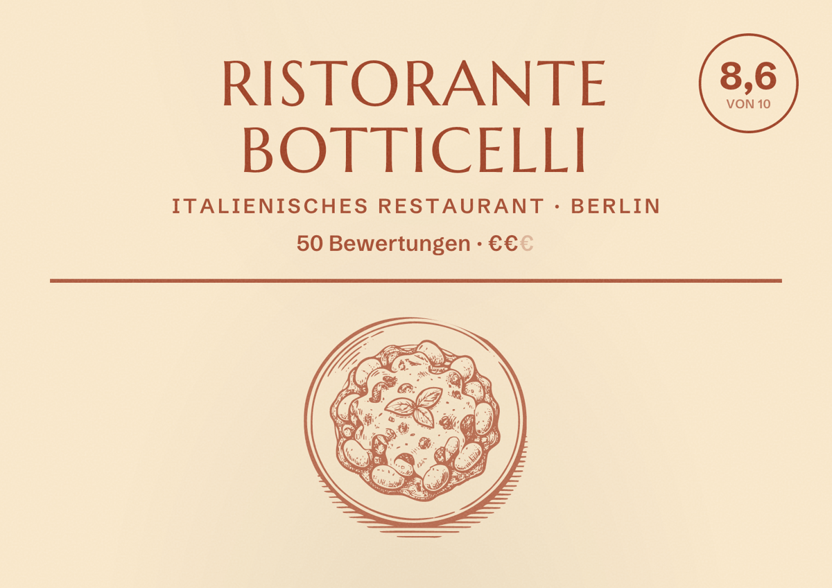 Illustriertes Poster von Ristorante Botticelli, Italienisches Restaurant in Berlin: Bewertung 8,6 von 10 aus 50 Bewertungen, Preisniveau €€