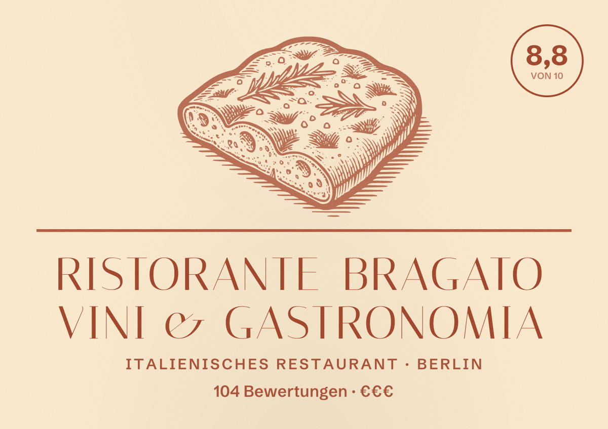 Illustriertes Poster von Ristorante Bragato Vini & Gastronomia, Italienisches Restaurant in Berlin: Bewertung 8,8 von 10 aus 104 Bewertungen, Preisniveau €€€