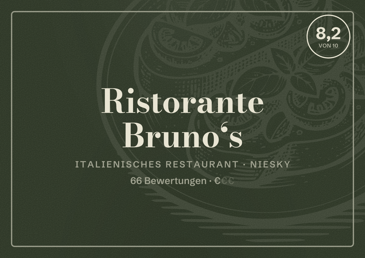 Illustriertes Poster von Ristorante Bruno‘s, Italienisches Restaurant in Niesky: Bewertung 8,2 von 10 aus 66 Bewertungen, Preisniveau €