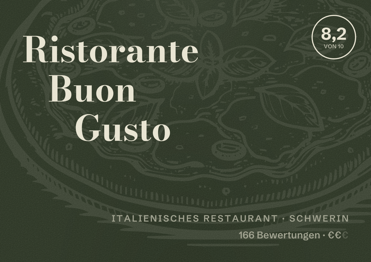 Illustriertes Poster von Ristorante Buon Gusto, Italienisches Restaurant in Schwerin: Bewertung 8,2 von 10 aus 166 Bewertungen, Preisniveau €€