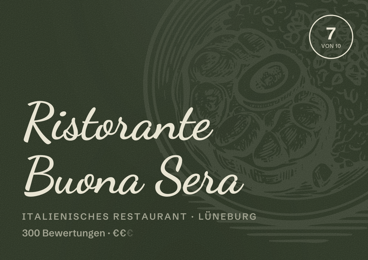 Illustriertes Poster von Ristorante Buona Sera, Italienisches Restaurant in Lüneburg: Bewertung 7 von 10 aus 300 Bewertungen, Preisniveau €€