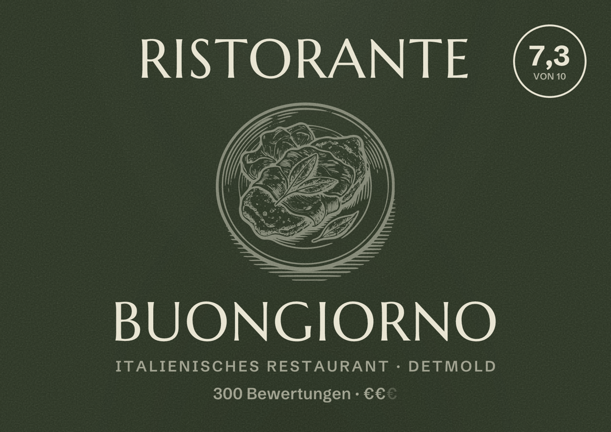 Illustriertes Poster von Ristorante Buongiorno, Italienisches Restaurant in Detmold: Bewertung 7,3 von 10 aus 300 Bewertungen, Preisniveau €€