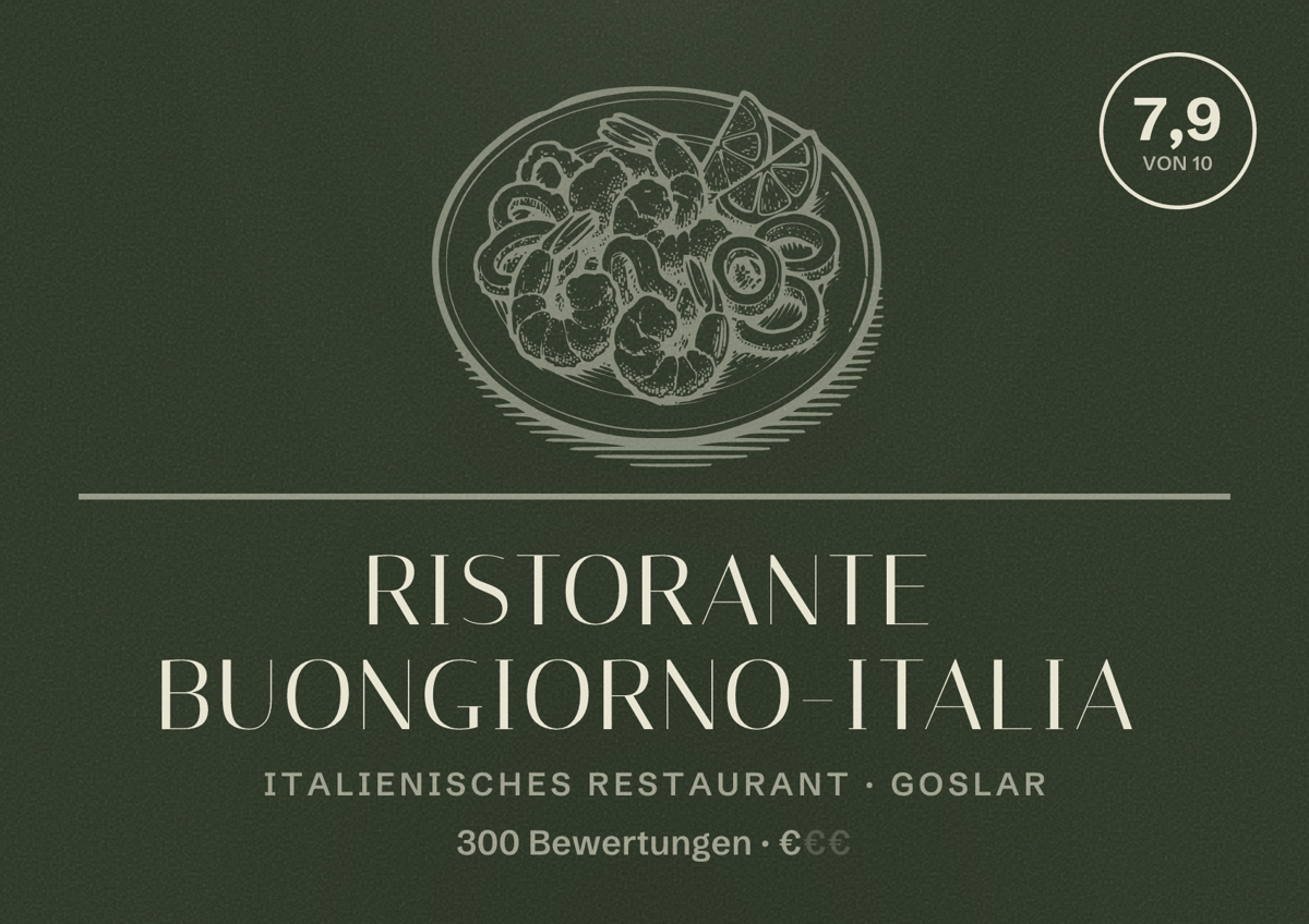 Illustriertes Poster von Ristorante Buongiorno-Italia, Italienisches Restaurant in Goslar: Bewertung 7,9 von 10 aus 300 Bewertungen, Preisniveau €