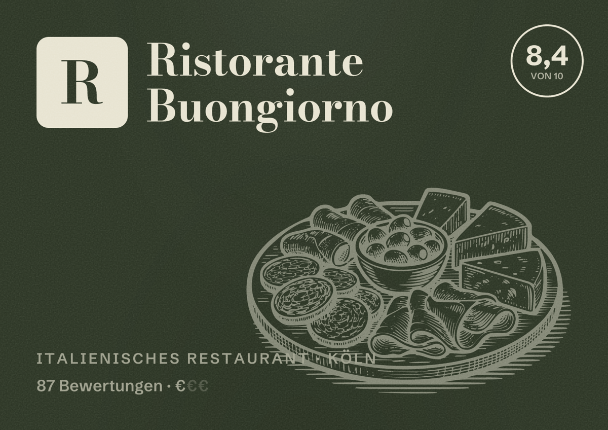 Illustriertes Poster von Ristorante Buongiorno, Italienisches Restaurant in Köln: Bewertung 8,4 von 10 aus 87 Bewertungen, Preisniveau €