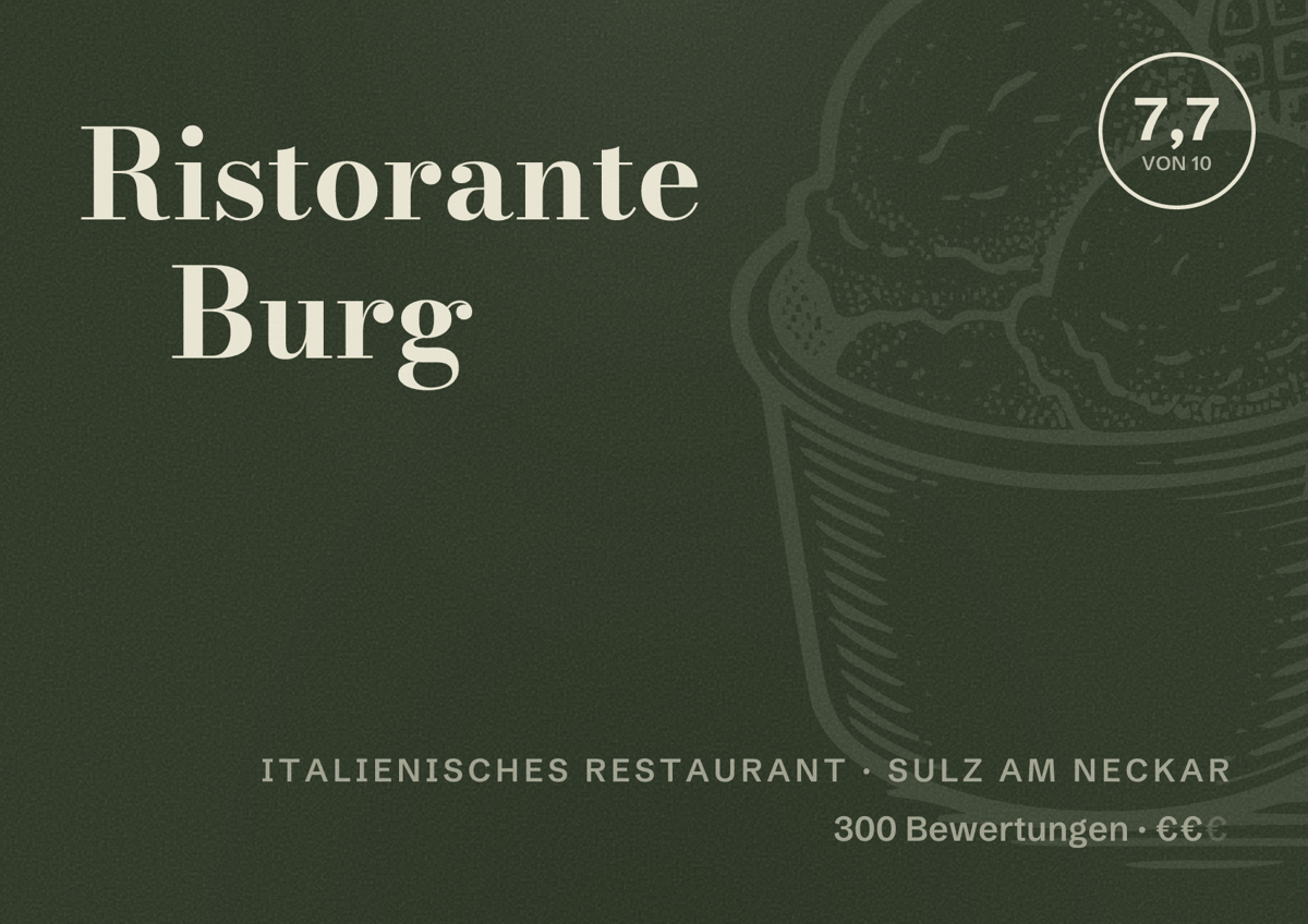 Illustriertes Poster von Ristorante Burg, Italienisches Restaurant in Sulz am Neckar: Bewertung 7,7 von 10 aus 300 Bewertungen, Preisniveau €€