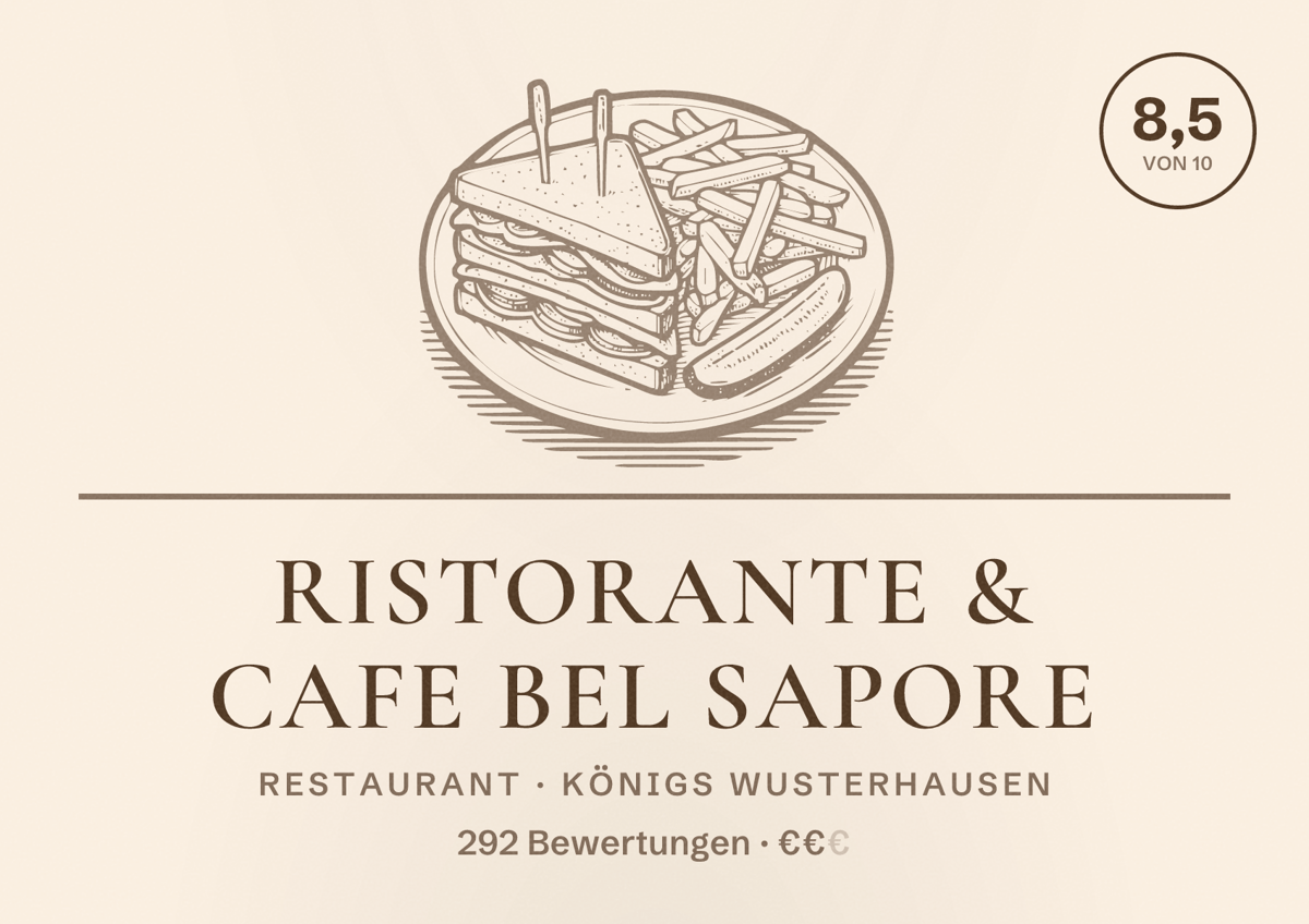 Illustriertes Poster von Ristorante & Cafe BEL SAPORE, Restaurant in Königs Wusterhausen: Bewertung 8,5 von 10 aus 292 Bewertungen, Preisniveau €€