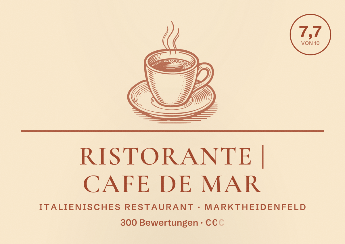 Illustriertes Poster von Ristorante | cafe de mar, Italienisches Restaurant in Marktheidenfeld: Bewertung 7,7 von 10 aus 300 Bewertungen, Preisniveau €€