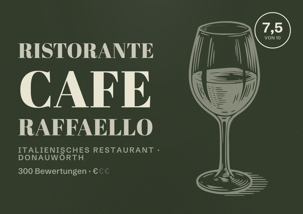 Illustriertes Poster von Ristorante Cafe Raffaello, Italienisches Restaurant in Donauwörth: Bewertung 7,5 von 10 aus 300 Bewertungen, Preisniveau €