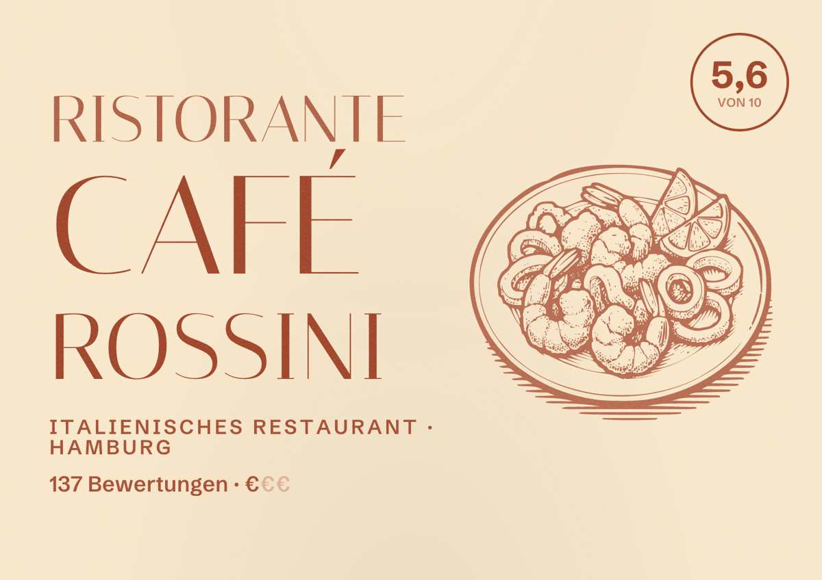 Illustriertes Poster von Ristorante Café Rossini, Italienisches Restaurant in Hamburg: Bewertung 5,6 von 10 aus 137 Bewertungen, Preisniveau €