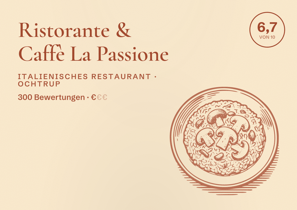 Illustriertes Poster von Ristorante & Caffè La Passione, Italienisches Restaurant in Ochtrup: Bewertung 6,7 von 10 aus 300 Bewertungen, Preisniveau €