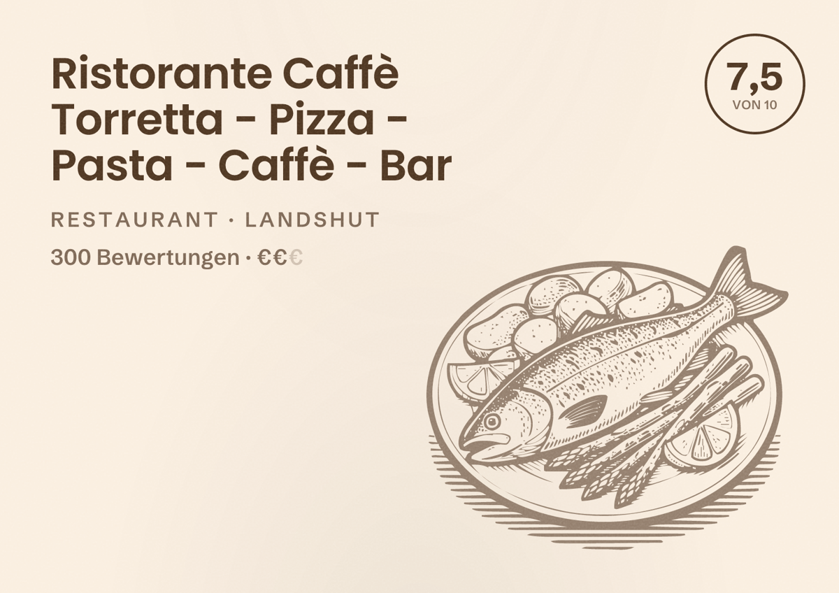 Illustriertes Poster von Ristorante Caffè Torretta - Pizza - Pasta - Caffè - Bar, Restaurant in Landshut: Bewertung 7,5 von 10 aus 300 Bewertungen, Preisniveau €€