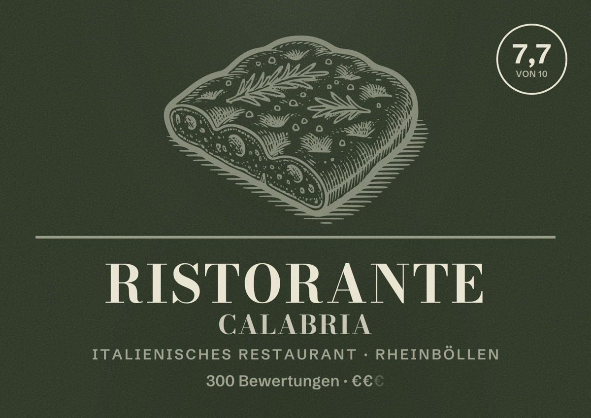 Illustriertes Poster von Ristorante Calabria, Italienisches Restaurant in Rheinböllen: Bewertung 7,7 von 10 aus 300 Bewertungen, Preisniveau €€