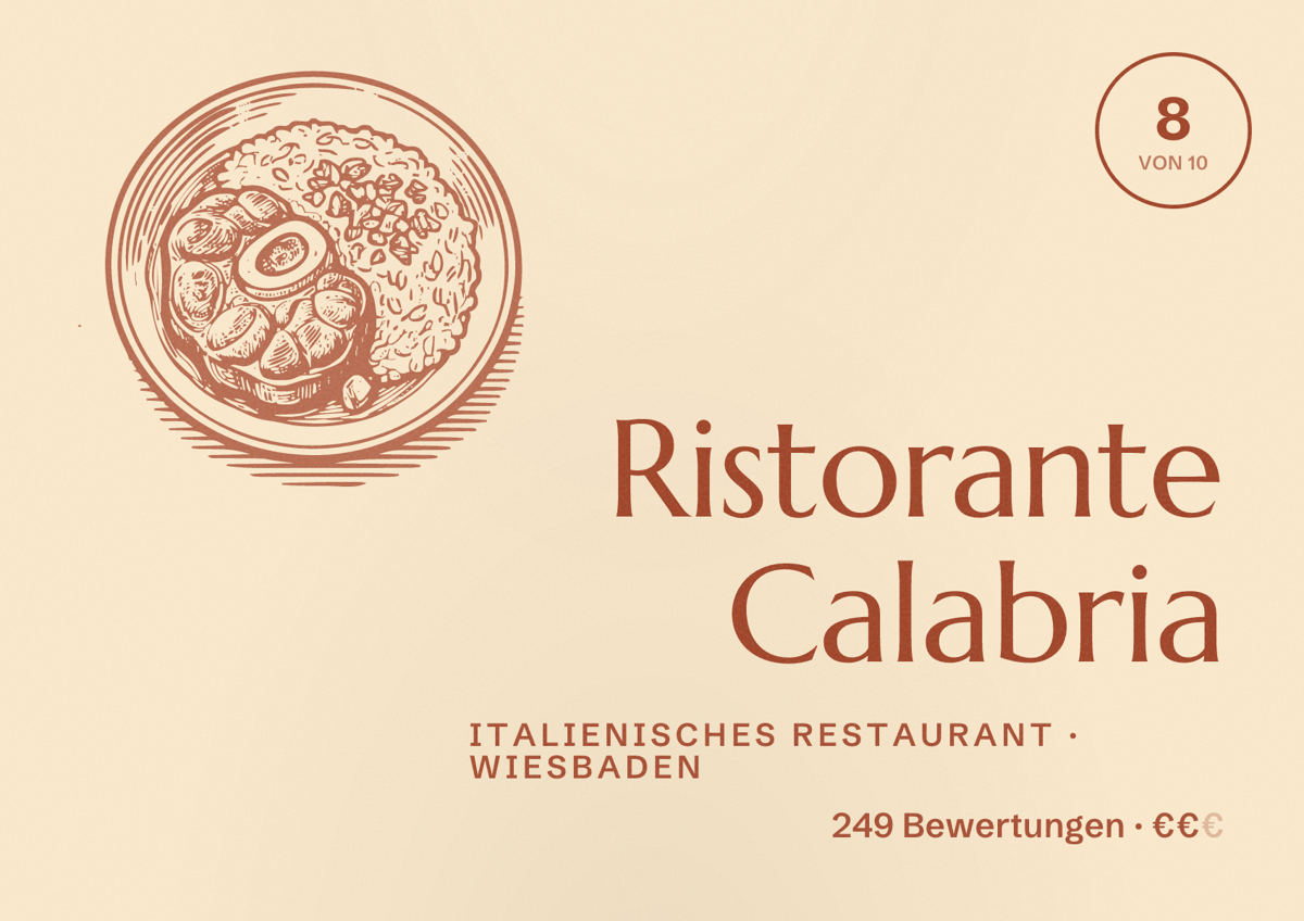Illustriertes Poster von Ristorante Calabria, Italienisches Restaurant in Wiesbaden: Bewertung 8,0 von 10 aus 249 Bewertungen, Preisniveau €€