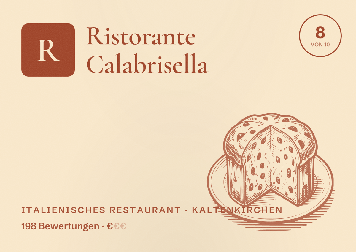 Illustriertes Poster von Ristorante Calabrisella, Italienisches Restaurant in Kaltenkirchen: Bewertung 8 von 10 aus 198 Bewertungen, Preisniveau €