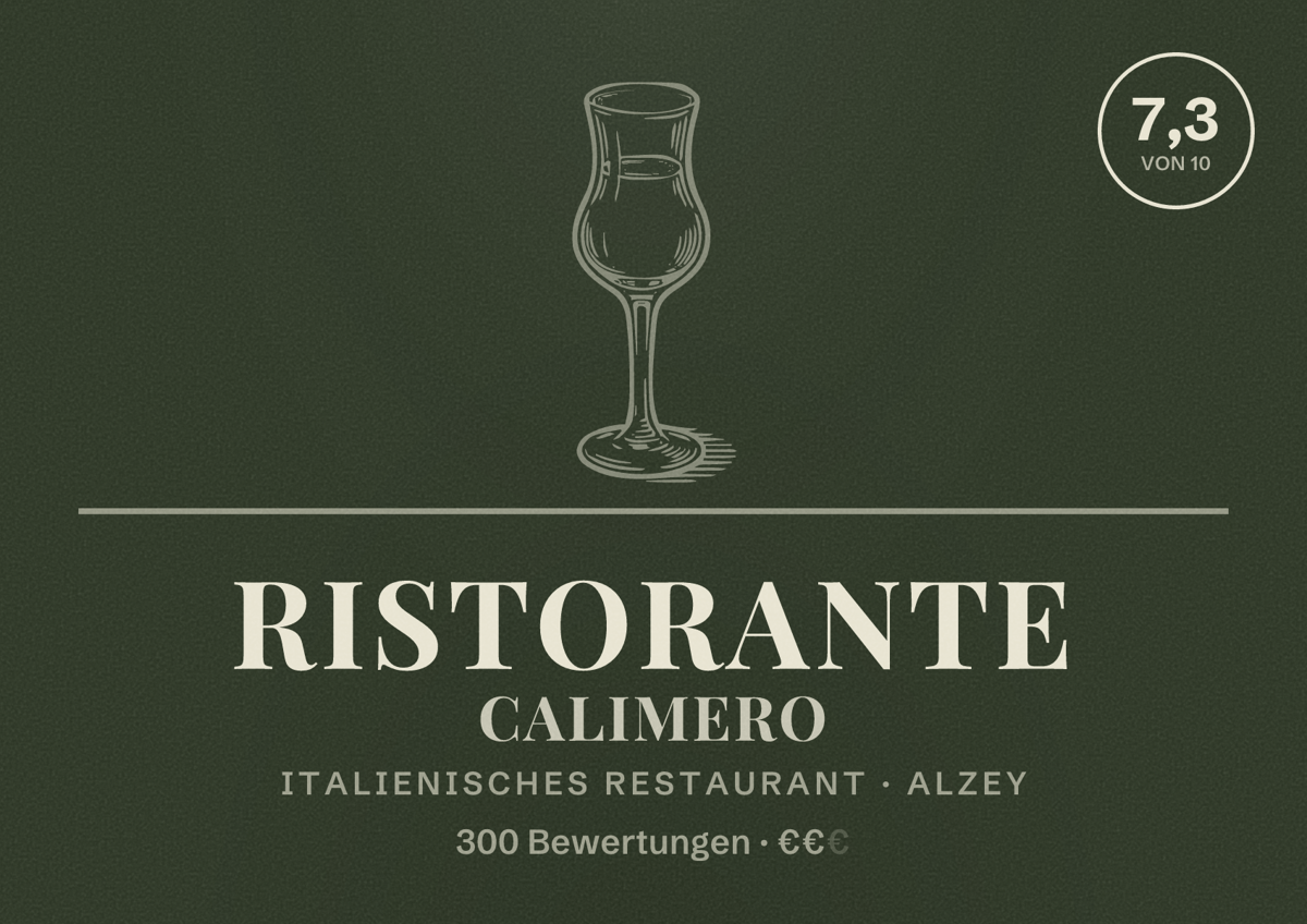 Illustriertes Poster von Ristorante Calimero, Italienisches Restaurant in Alzey: Bewertung 7,3 von 10 aus 300 Bewertungen, Preisniveau €€