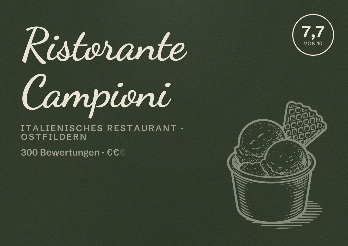 Illustriertes Poster von Ristorante Campioni, Italienisches Restaurant in Ostfildern: Bewertung 7,7 von 10 aus 300 Bewertungen, Preisniveau €€