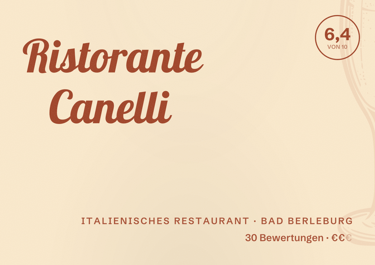 Illustriertes Poster von Ristorante Canelli, Italienisches Restaurant in Bad Berleburg: Bewertung 6,4 von 10 aus 30 Bewertungen, Preisniveau €€