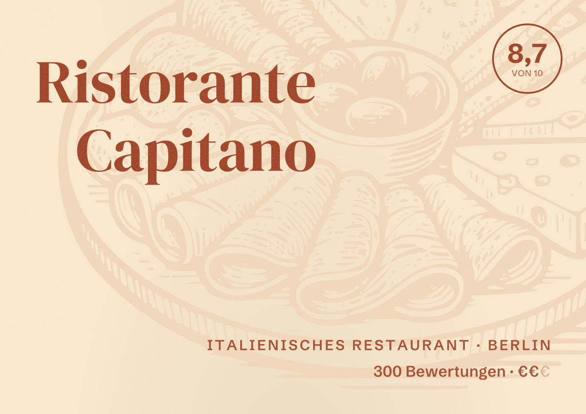 Illustriertes Poster von Ristorante Capitano, Italienisches Restaurant in Berlin: Bewertung 8,7 von 10 aus 300 Bewertungen, Preisniveau €€