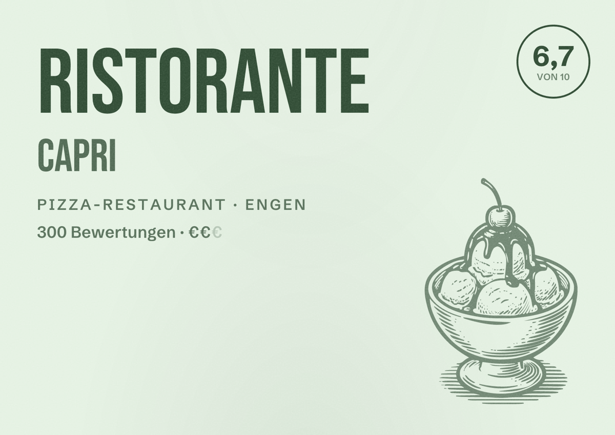 Illustriertes Poster von Ristorante Capri, Pizza-Restaurant in Engen: Bewertung 6,7 von 10 aus 300 Bewertungen, Preisniveau €€