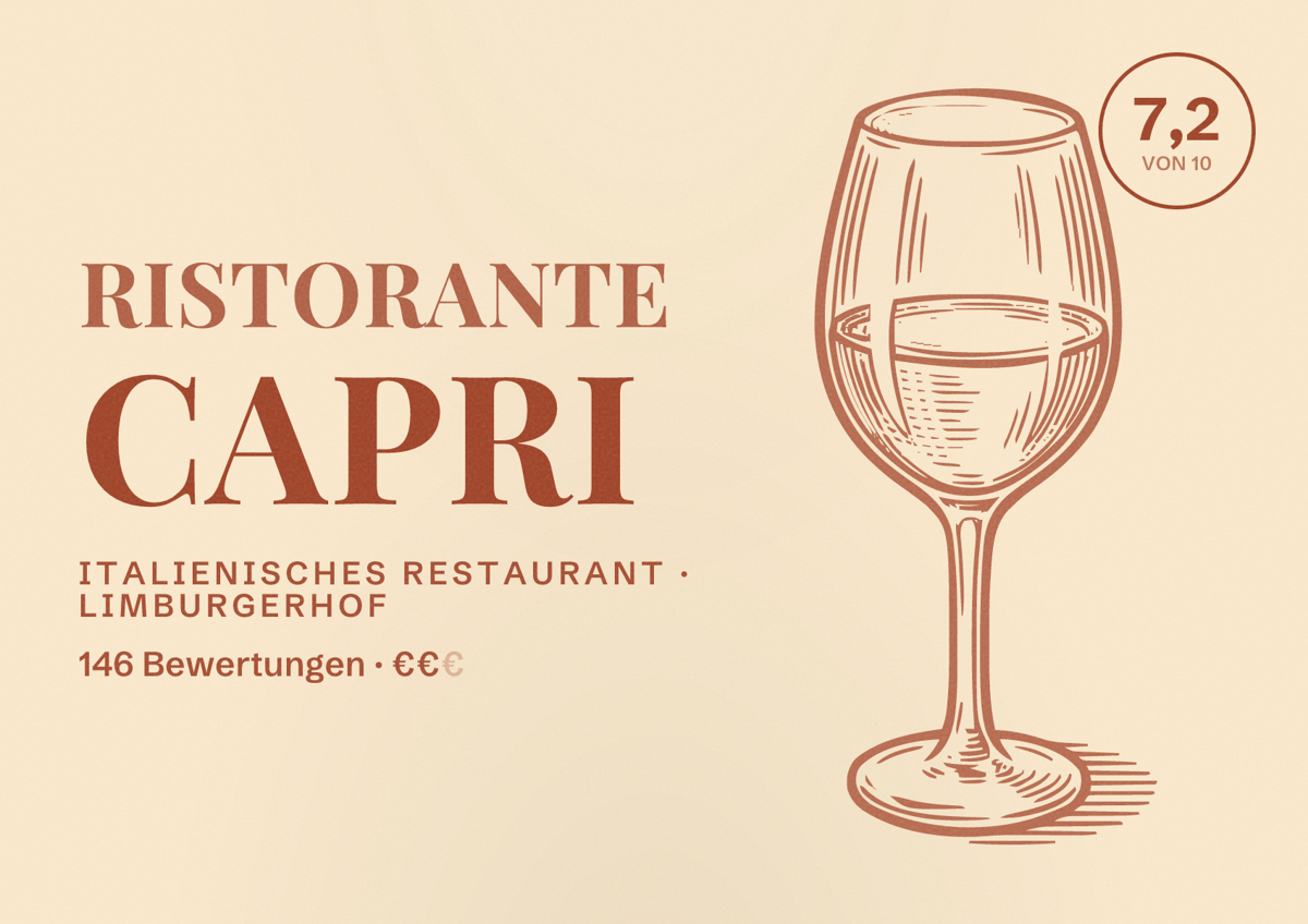 Illustriertes Poster von Ristorante Capri, Italienisches Restaurant in Limburgerhof: Bewertung 7,2 von 10 aus 146 Bewertungen, Preisniveau €€