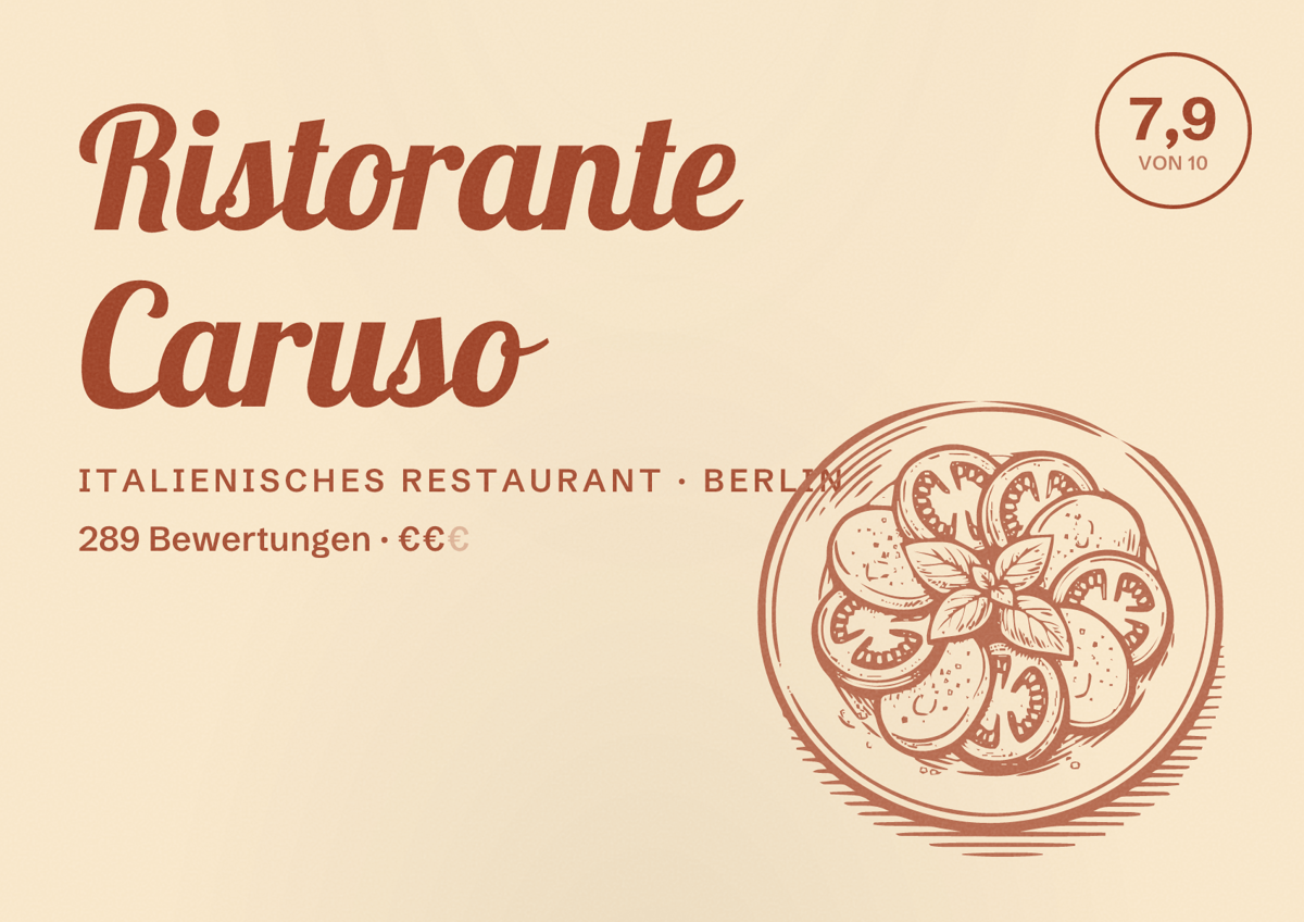 Illustriertes Poster von Ristorante Caruso, Italienisches Restaurant in Berlin: Bewertung 7,9 von 10 aus 289 Bewertungen, Preisniveau €€