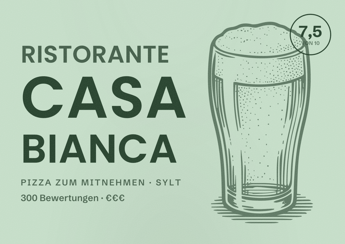 Illustriertes Poster von Ristorante Casa Bianca, Pizza zum Mitnehmen in Sylt: Bewertung 7,5 von 10 aus 300 Bewertungen, Preisniveau €€€